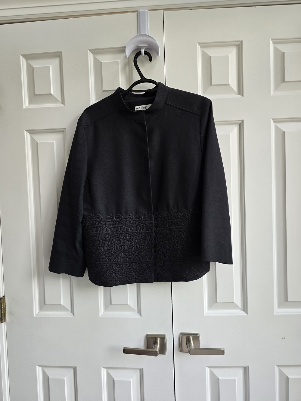 Women's Black Embroidered Hem Collarless Blazer